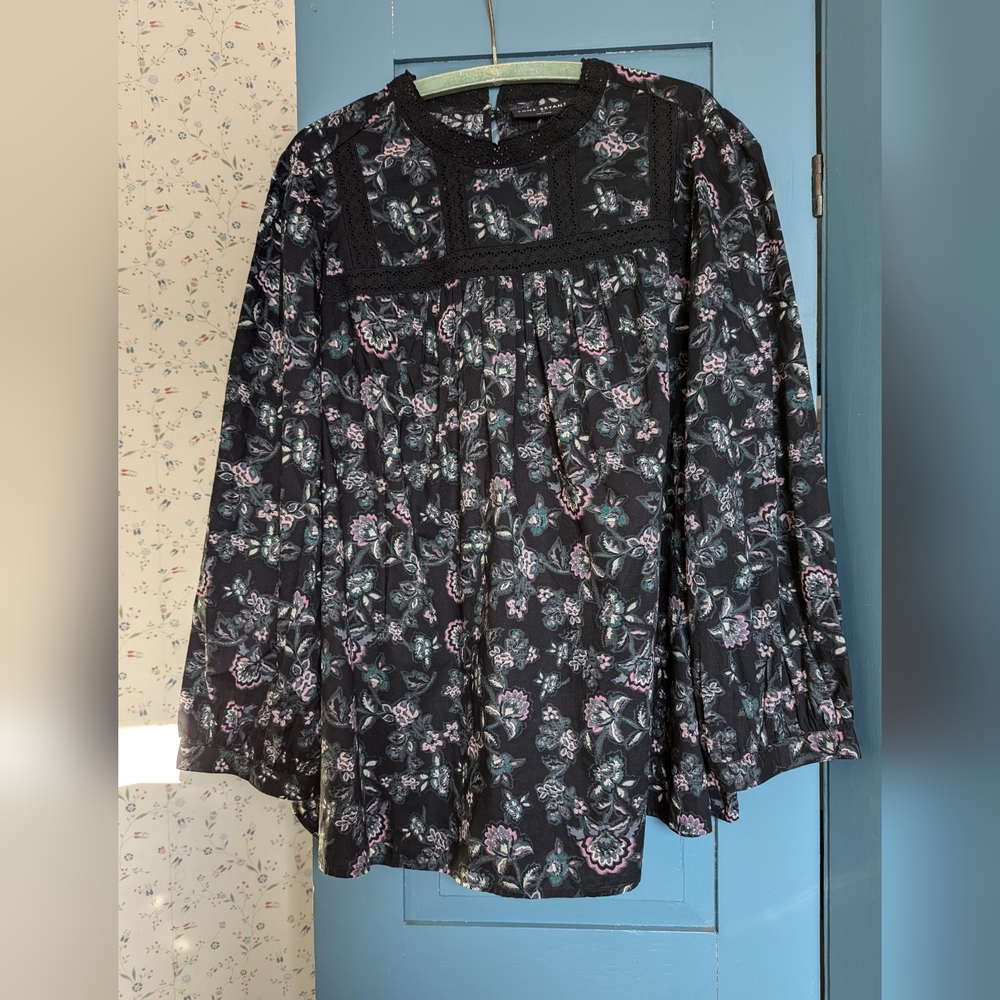 NWT Lane Bryant 20 Blouse crochet Black lace Feminine Boho Loose Fit Dark Floral